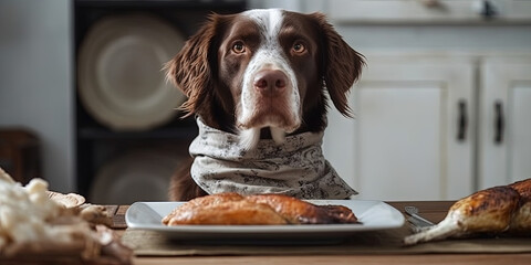 English Springer Spaniel in vintage scarf sits at the dinner table - 761310888