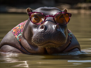 Funny Big Hippo In Cool Pink Glasses In Close-Up - 761310894
