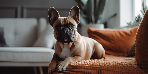 French bulldog dog lying on the couch at home, close-up - 761310898