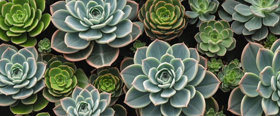 Bunch or group of vintage succulents, isolated, top view with shadow - obrazy, fototapety, plakaty