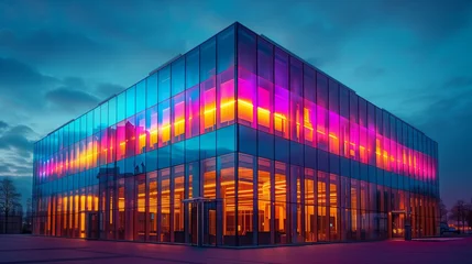 Gordijnen Modern Building With Illuminated Windows at Night © Emiliia