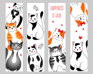 Set bookmarks with many different  red, grey, black and white cats on white background. Vector illustration for children.