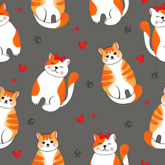 Seamless pattern with many different  red cats on grey background. Vector illustration for children, fabric, packaging paper, wallpaper.