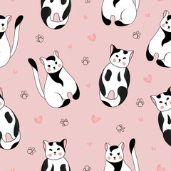 Seamless pattern with many different  black and white cats on pink background. Vector illustration for children.