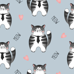 Seamless pattern with grey striped cats on grey-green background. Vector illustration for children.