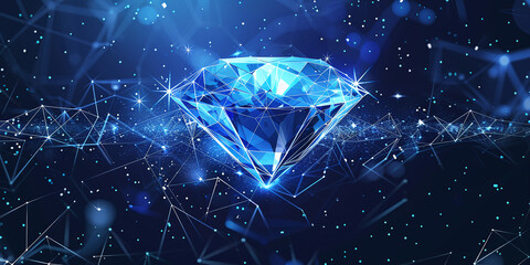 Abstract blue diamond on digital background with polygonal light lines - obrazy, fototapety, plakaty