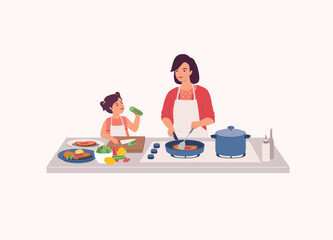 Mother And Daughter Preparing Food Together In The Kitchen. Smiling Little Daughter In Apron Cutting Cucumber With Knife. Mother Cooking Steak With Frying Pan. Half Length.