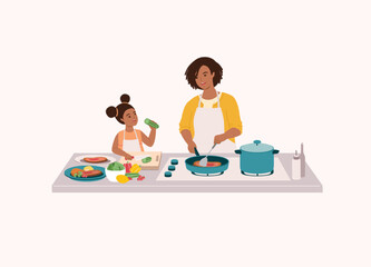 Black Mother And Daughter Preparing Food Together In The Kitchen. Smiling Black Little Daughter In Apron Cutting Cucumber With Knife. Mother Cooking Steak With Frying Pan. Half Length.