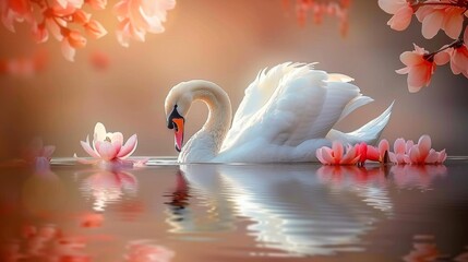 Beautiful swan gliding serenely on tranquil countryside pond in a peaceful farm setting