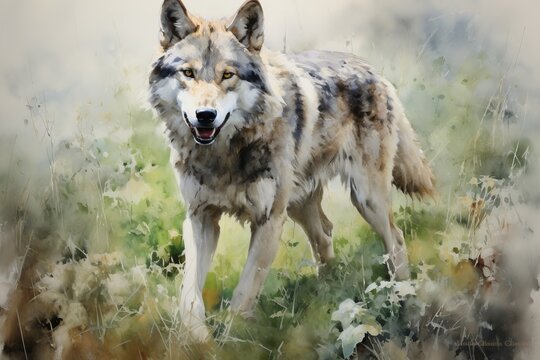 Majestic gray wolf prowling through the tranquil forest landscape, showcasing nature s beauty