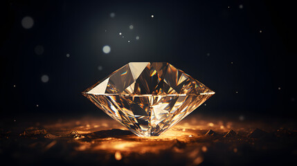 Closeup of sparkling gemstone diamond surrounded by orange sparks isolated on dark background - obrazy, fototapety, plakaty
