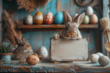 Easter rabbit holding blank board, and showing it to the camera, in his workshop. Easter eggs in the background - obrazy, fototapety, plakaty