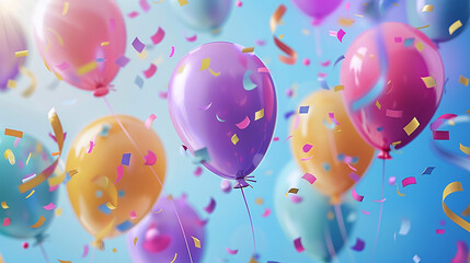 3D realistic background of colorful balloons with confetti and hot air balloons flying in the air. . Birthday party concept