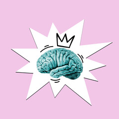 Human brain with a drawn crown on a white background. Art collage.