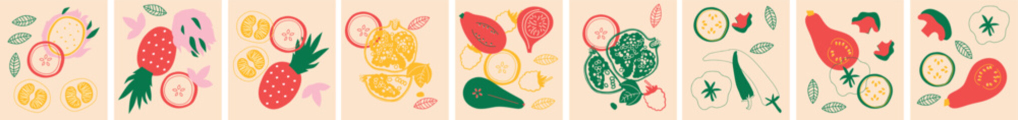 Fruits and vegetables set. Flat abstract vector. Collection fruits, berries and vegetables art