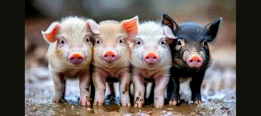 Joyful piglets happily frolicking in a muddy puddle, displaying lively and playful behavior