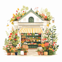 Fototapeta na wymiar A vibrant flower market illustration with stalls ov