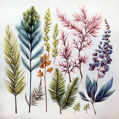 Watercolor Fir Branches Illustration, Generative Ai