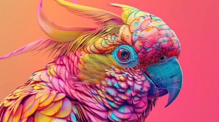 Side view of a parrot with fluorescent feather detail, set against a dual-tone background for a mesmerizing effect