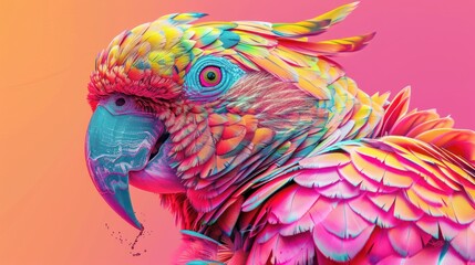 An intense and captivating visual of a parrot with emphasized textures and color saturation creating a hypnotic effect
