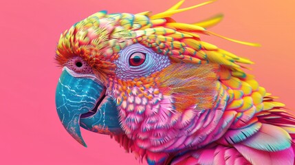 Close up shot capturing the intricate patterns and electric hues of a parrot's feathers in a surreal representation