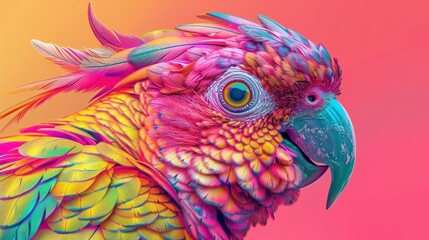 Side profile of a parrot, transformed into an abstract art piece with brilliant neon colors