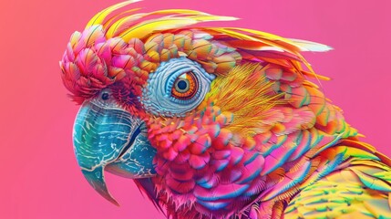 Close-up portrait of a psychedelic parrot enhanced with digital artwork for a surreal, vivid effect