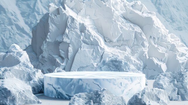 3d render Natural winter ice podium stage with mountain background. AI generated image