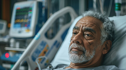 Contemplative middle-aged man in a hospital bed with medical equipment around.