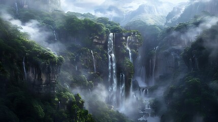 A majestic waterfall cascades down rugged cliffs, enveloped in mist and surrounded by lush greenery