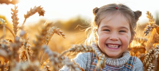 Fototapeta premium Young girl joyfully smiling in a beautiful wheat field at sunset, embracing happiness