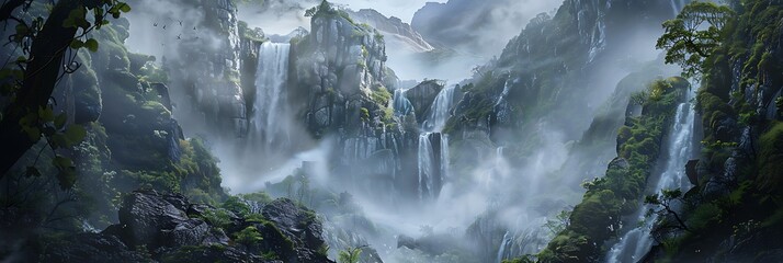 A majestic waterfall cascades down rugged cliffs, enveloped in mist and surrounded by lush greenery - obrazy, fototapety, plakaty