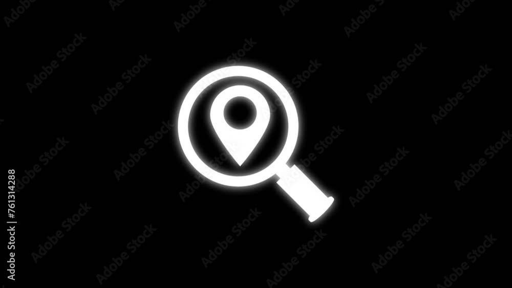 Poster magnifying glass with pointer sign. glowing search location icon isolated on black background.