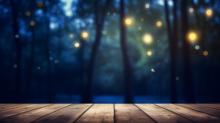 Empty wooden table in front of abstract blurred bokeh background