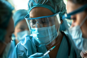 Focused Surgeon Preparing Injection in Operating Room - obrazy, fototapety, plakaty