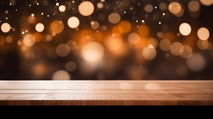 Empty wooden table in front of abstract blurred bokeh background