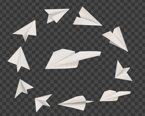 Set realistic white paper plane 3D model jet. Different view paper airplane isolated on transparent background stock vector