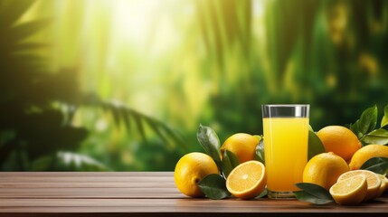 Freshly squeezed juice on wooden table with lemon trees in natural setting, copy space available - obrazy, fototapety, plakaty