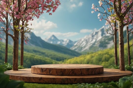 wooden circle podium in nature peaks and plants with open cloudy and blue sky. image for product prestation 