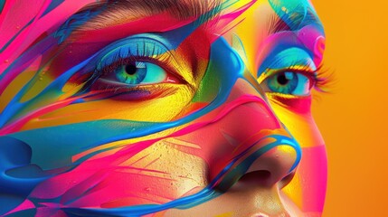 A compelling close-up showcasing digital artistry with bold colors and strokes across a woman's visage