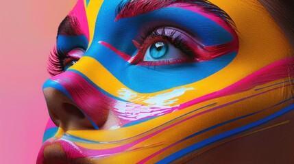 A close-up image capturing a face with colorful paint strokes, details obscured to focus on art