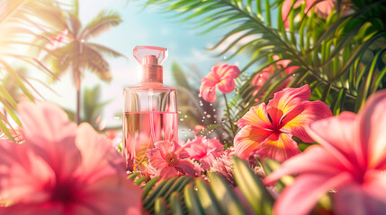 Fragrance bottle as girly perfume product on background of tropical  flowers. - obrazy, fototapety, plakaty