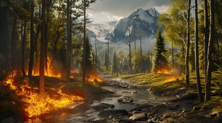 Blaze amidst trees Firefighters combat forest inferno. Generated AI