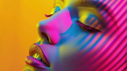 Captivating close-up of a woman with colorful face paint against a vibrant yellow background