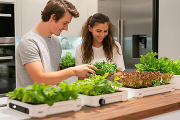 A married couple grows food in a hydroponic system - 761314485