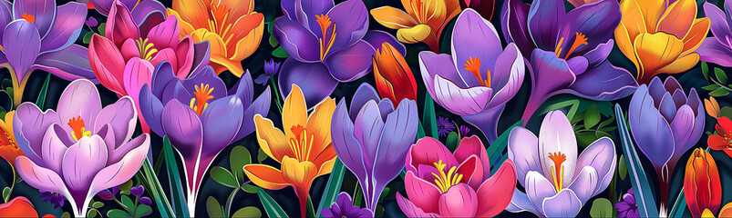 Colorful background of orange, purple and pink crocuses. Floral background with spring flowers,...