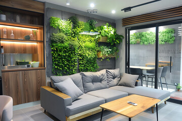 Modern living room interior with one hydroponic system on the wall