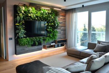 Modern living room interior with one hydroponic system on the wall - obrazy, fototapety, plakaty