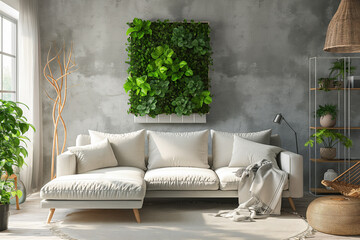 Modern living room interior with one hydroponic system on the wall - obrazy, fototapety, plakaty