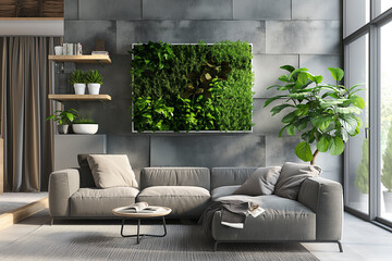 Modern living room interior with one hydroponic system on the wall - 761314631